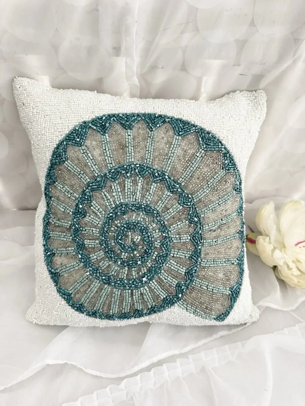 White GLASS Beaded Accent Pillow Blue Shell Coastal Beach Teal Blue Square 12”